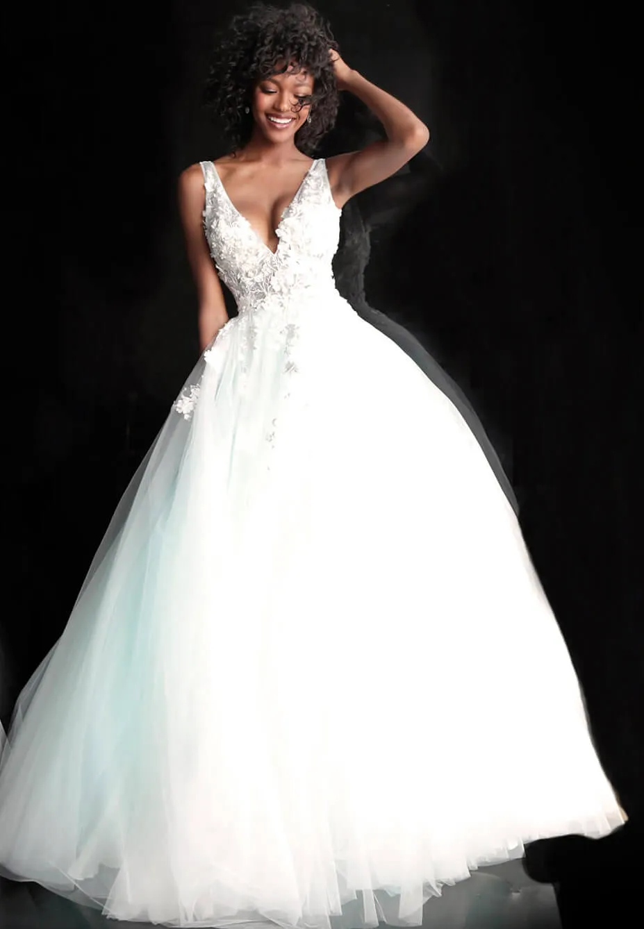 Jovani 55634 floral appliques prom dress ballgown Lace Tulle Long V Neck