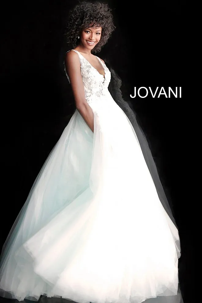 Jovani 55634 floral appliques prom dress ballgown Lace Tulle Long V Neck