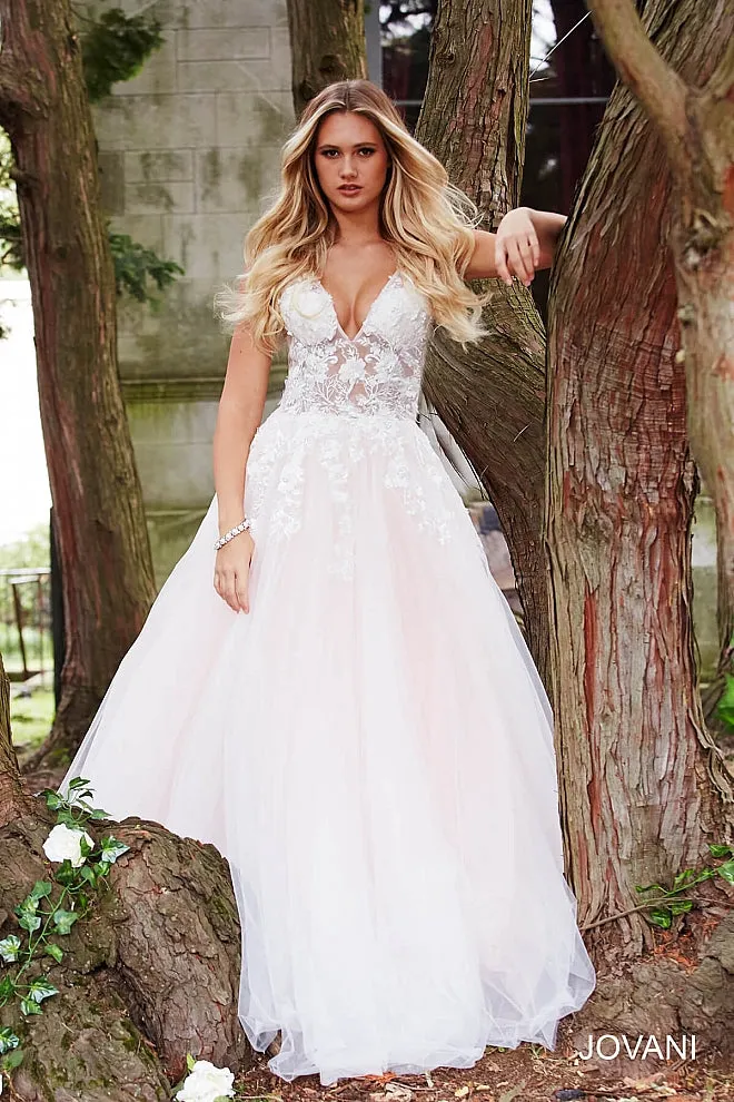 Jovani 55634 floral appliques prom dress ballgown Lace Tulle Long V Neck
