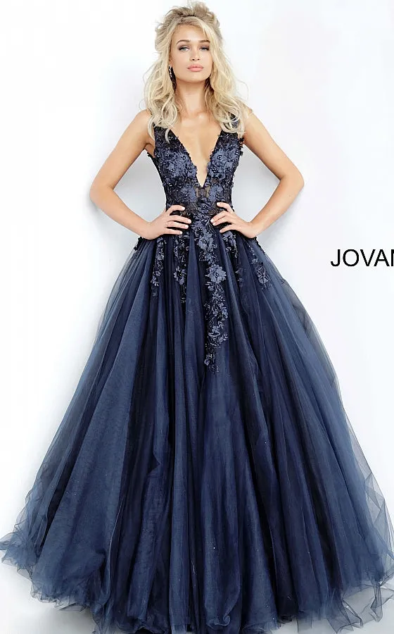 Jovani 55634 floral appliques prom dress ballgown Lace Tulle Long V Neck
