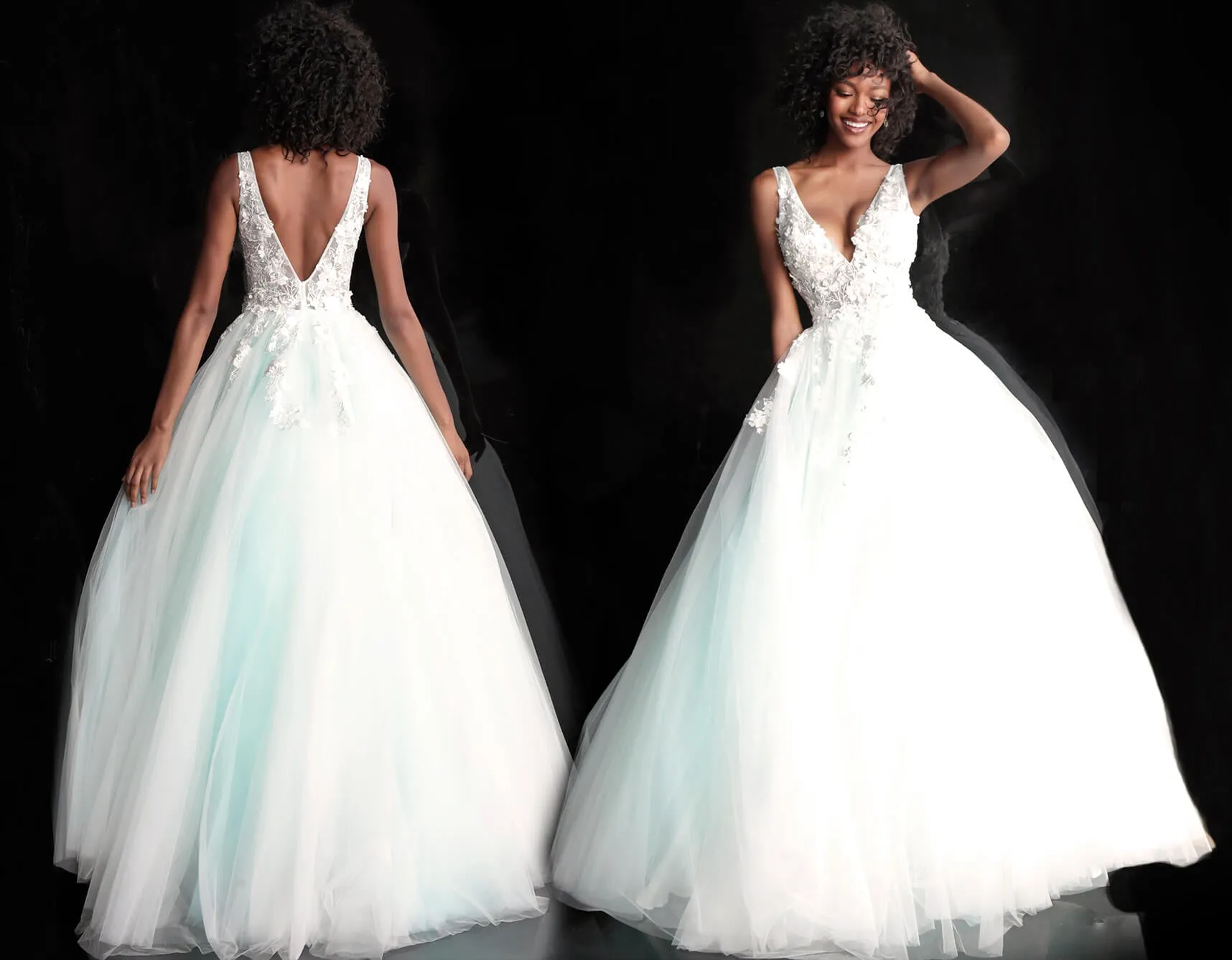 Jovani 55634 floral appliques prom dress ballgown Lace Tulle Long V Neck