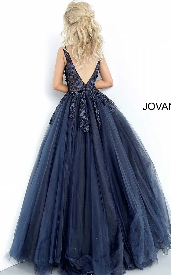 Jovani 55634 floral appliques prom dress ballgown Lace Tulle Long V Neck