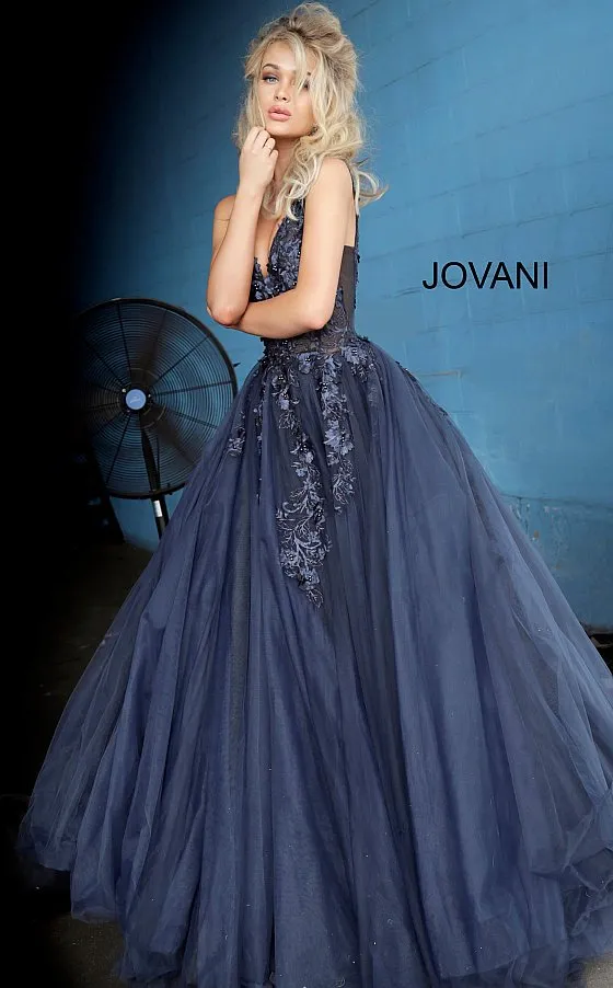 Jovani 55634 floral appliques prom dress ballgown Lace Tulle Long V Neck