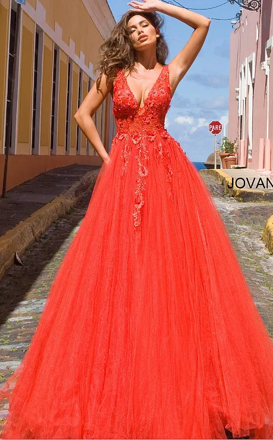 Jovani 55634 Long floral appliques Prom Dress Lace ballgown V Neck Illusion