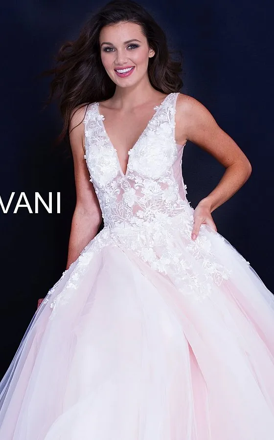 Jovani 55634 Long floral appliques Prom Dress Lace ballgown V Neck Illusion