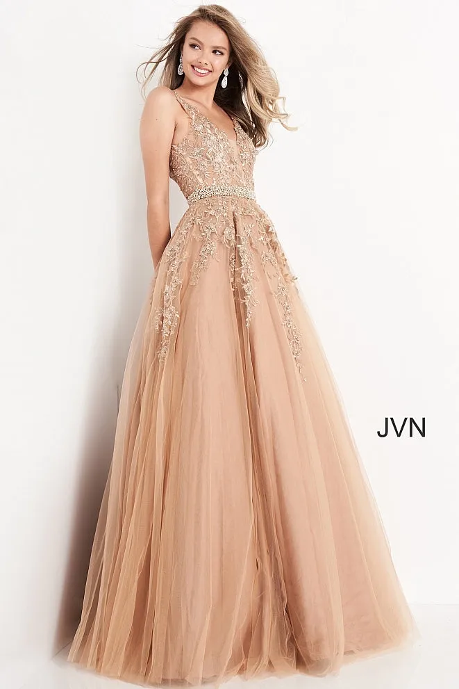 Jovani JVN00925 Size 4 Gold Embellished Lace Ball Gown Prom Dress Plunging neckline
