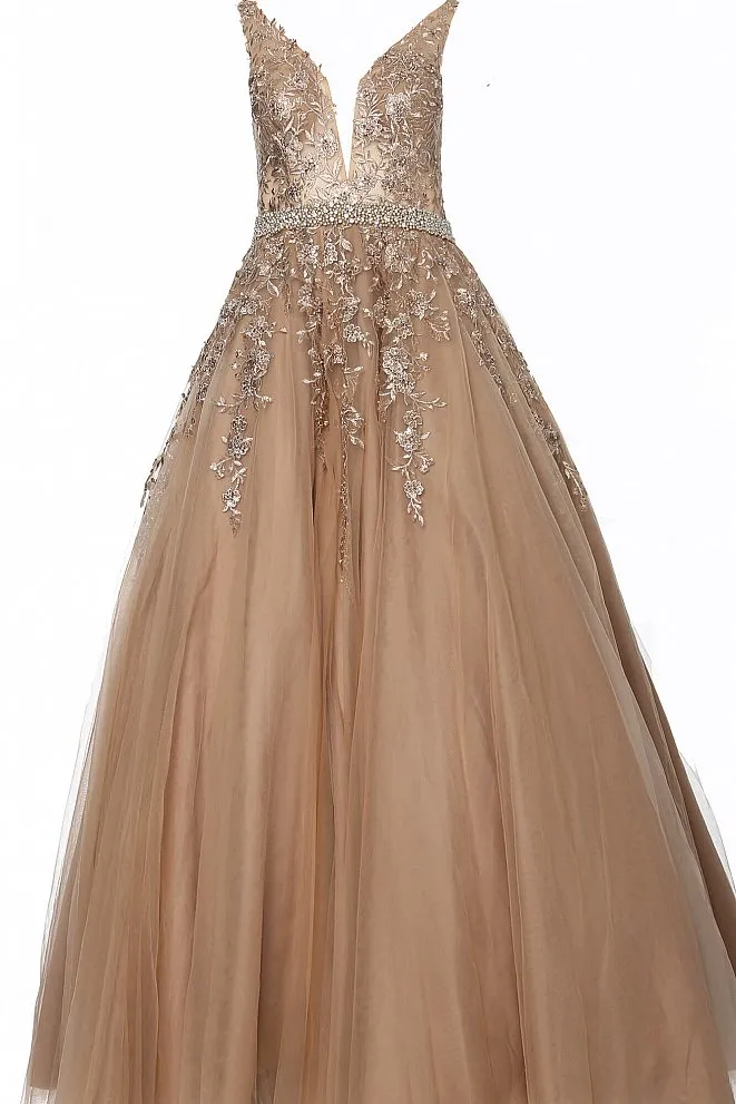 Jovani JVN00925 Size 4 Gold Embellished Lace Ball Gown Prom Dress Plunging neckline