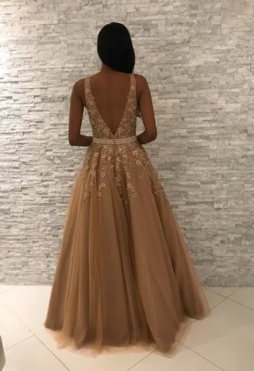 Jovani JVN00925 Size 4 Gold Embellished Lace Ball Gown Prom Dress Plunging neckline