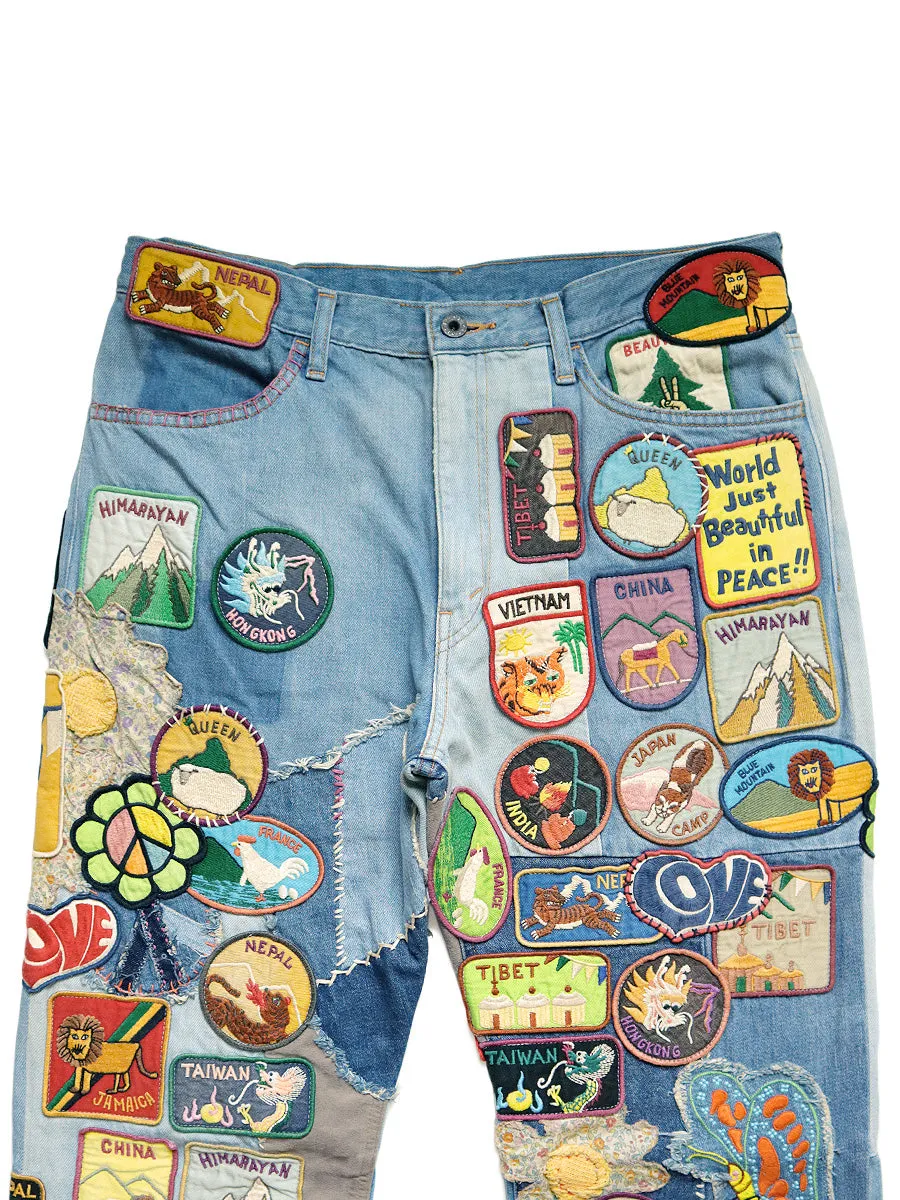 Kapital 12.5oz Denim 5P Rat Flare Patch Pants (BEAUTIFUL WORLD INSANE Remake) - Indigo (processing)