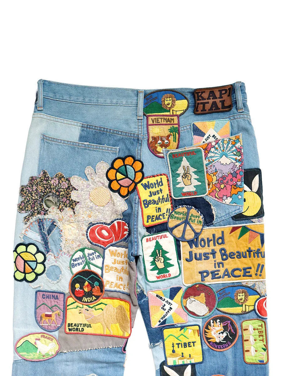 Kapital 12.5oz Denim 5P Rat Flare Patch Pants (BEAUTIFUL WORLD INSANE Remake) - Indigo (processing)