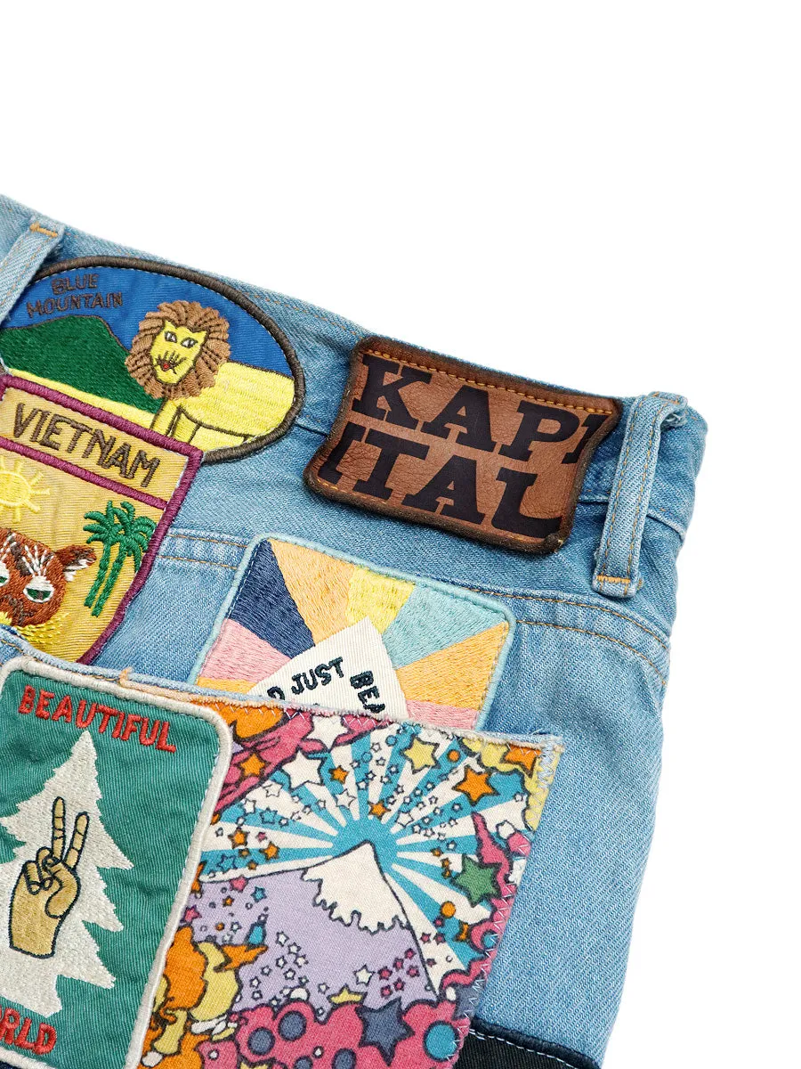Kapital 12.5oz Denim 5P Rat Flare Patch Pants (BEAUTIFUL WORLD INSANE Remake) - Indigo (processing)