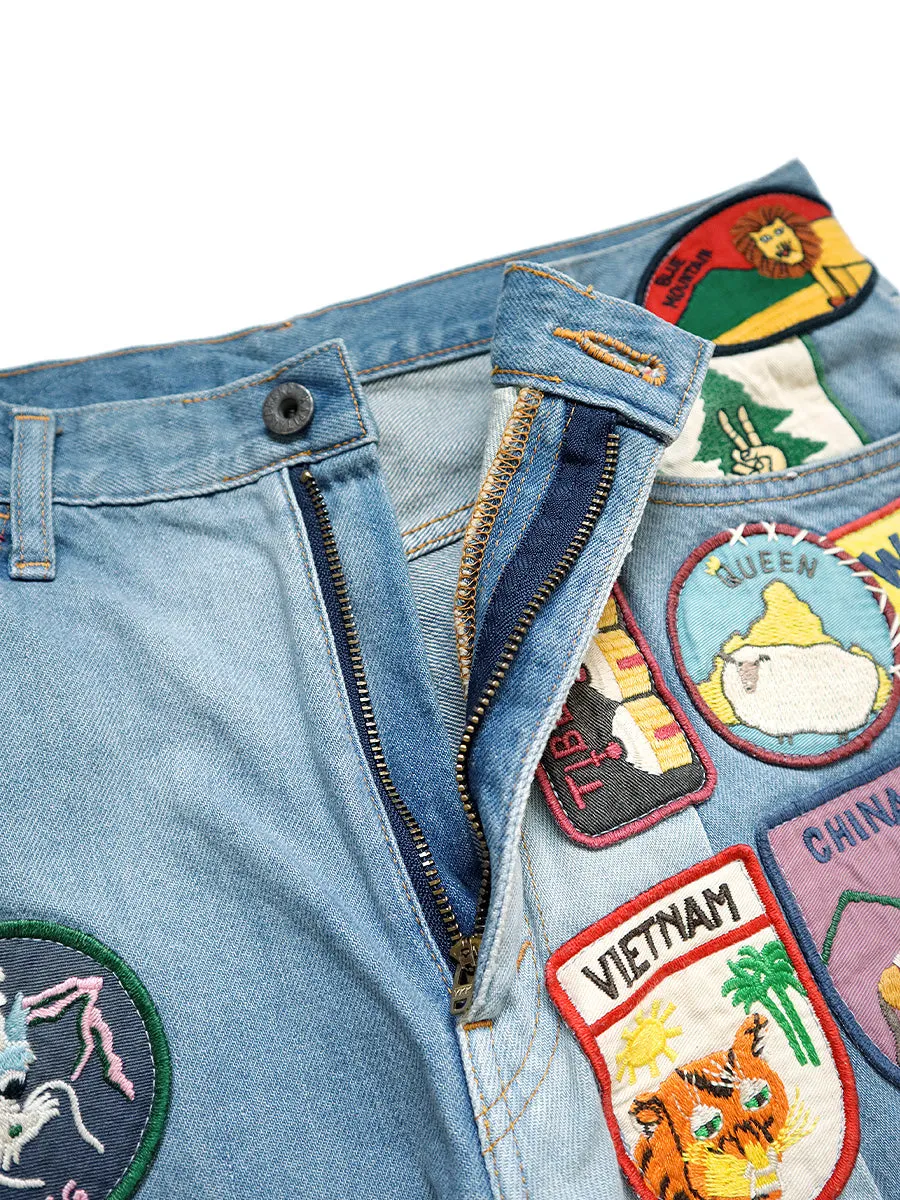 Kapital 12.5oz Denim 5P Rat Flare Patch Pants (BEAUTIFUL WORLD INSANE Remake) - Indigo (processing)