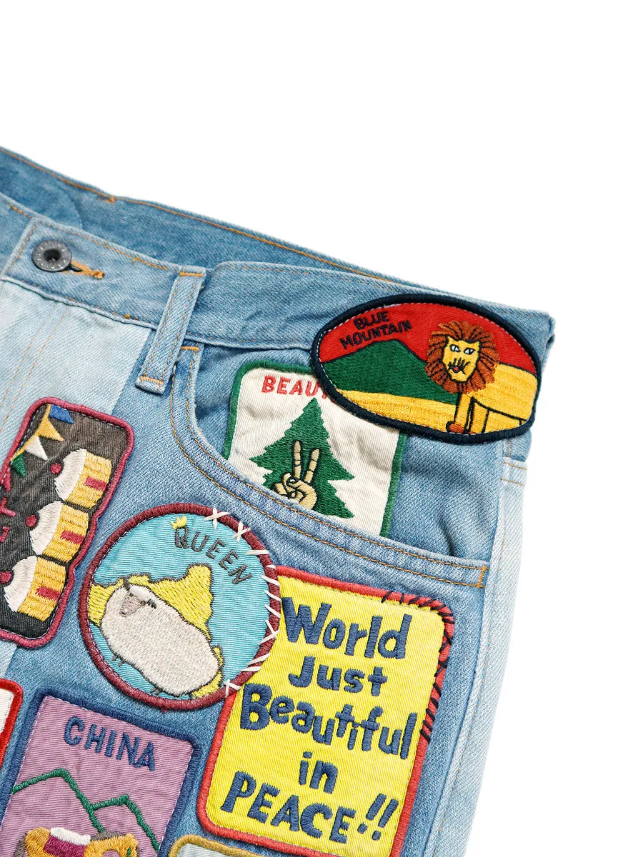 Kapital 12.5oz Denim 5P Rat Flare Patch Pants (BEAUTIFUL WORLD INSANE Remake) - Indigo (processing)