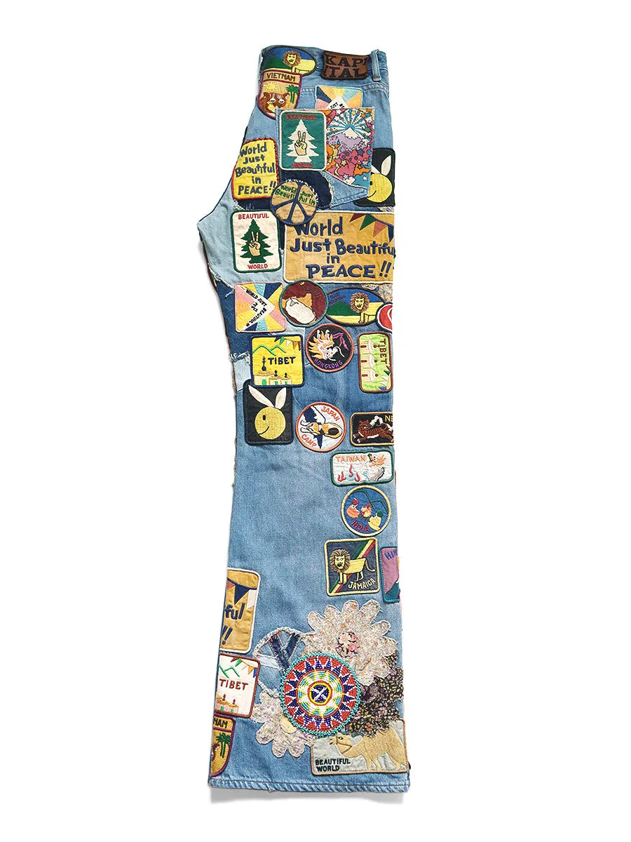 Kapital 12.5oz Denim 5P Rat Flare Patch Pants (BEAUTIFUL WORLD INSANE Remake) - Indigo (processing)