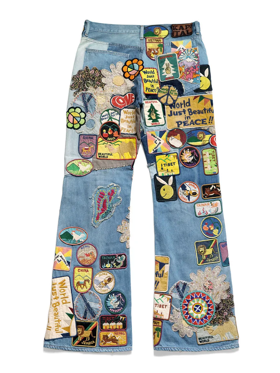 Kapital 12.5oz Denim 5P Rat Flare Patch Pants (BEAUTIFUL WORLD INSANE Remake) - Indigo (processing)