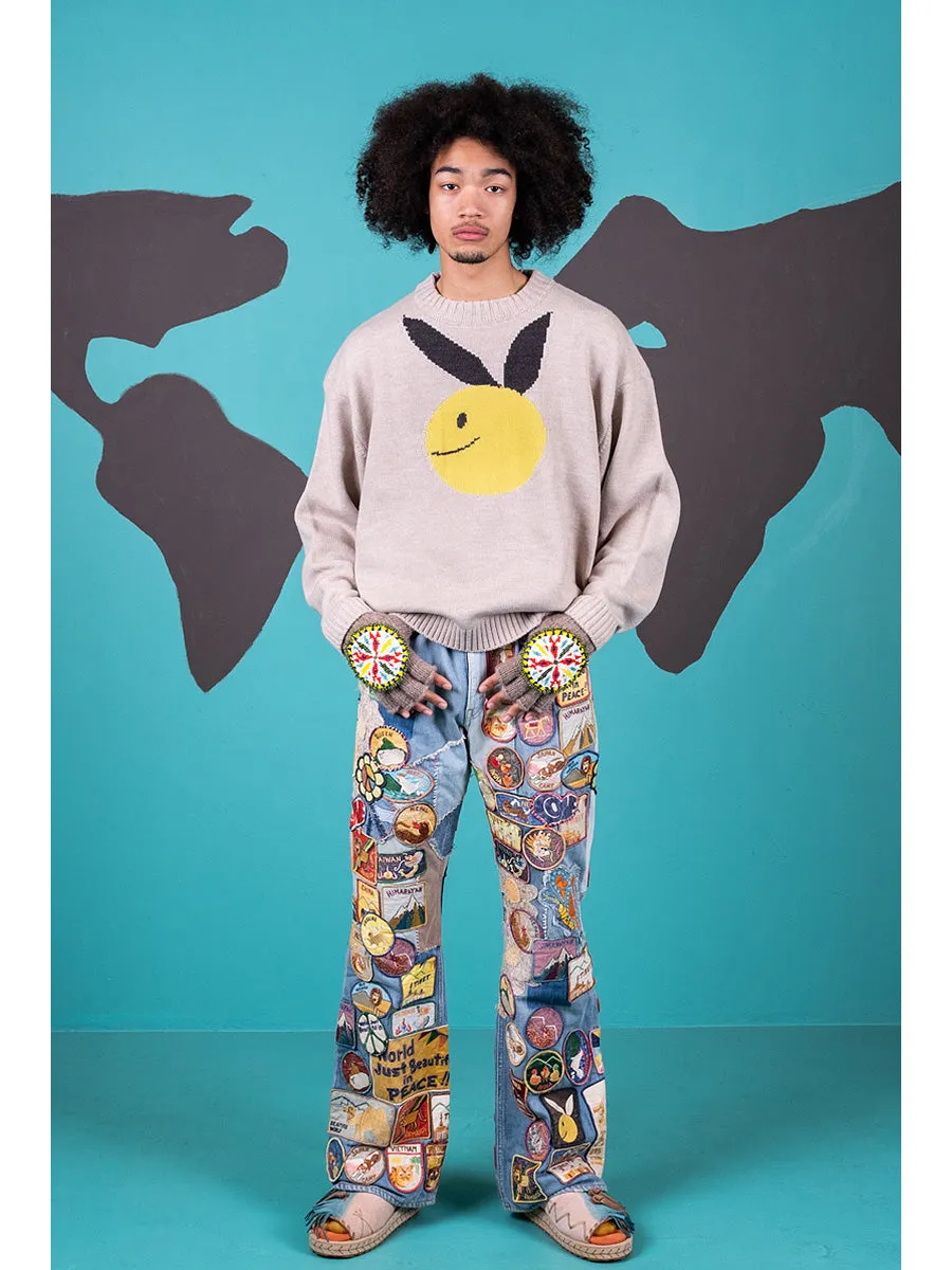 Kapital 12.5oz Denim 5P Rat Flare Patch Pants (BEAUTIFUL WORLD INSANE Remake) - Indigo (processing)