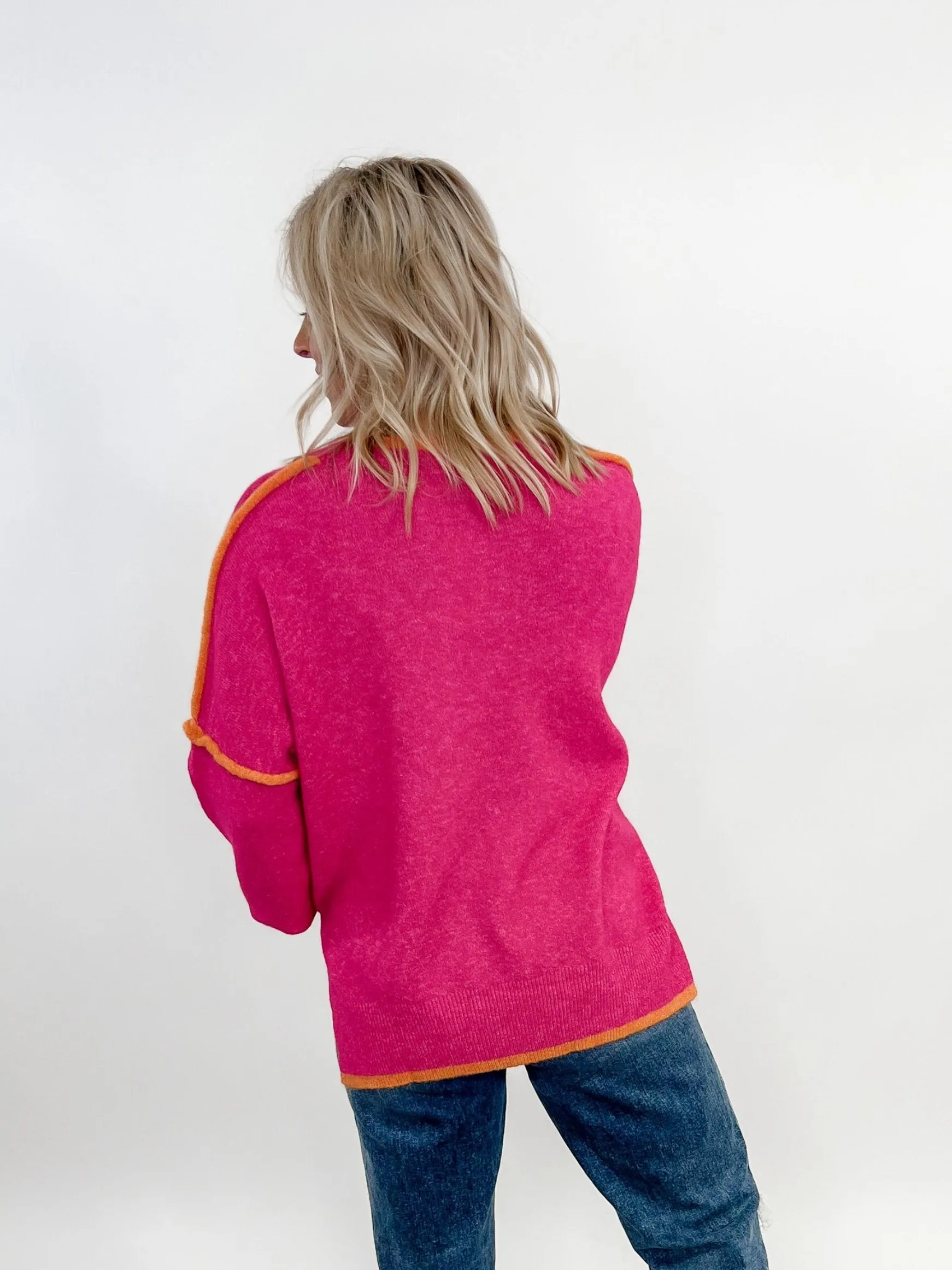 Keaton Contrast Sweater Top, Hot Pink