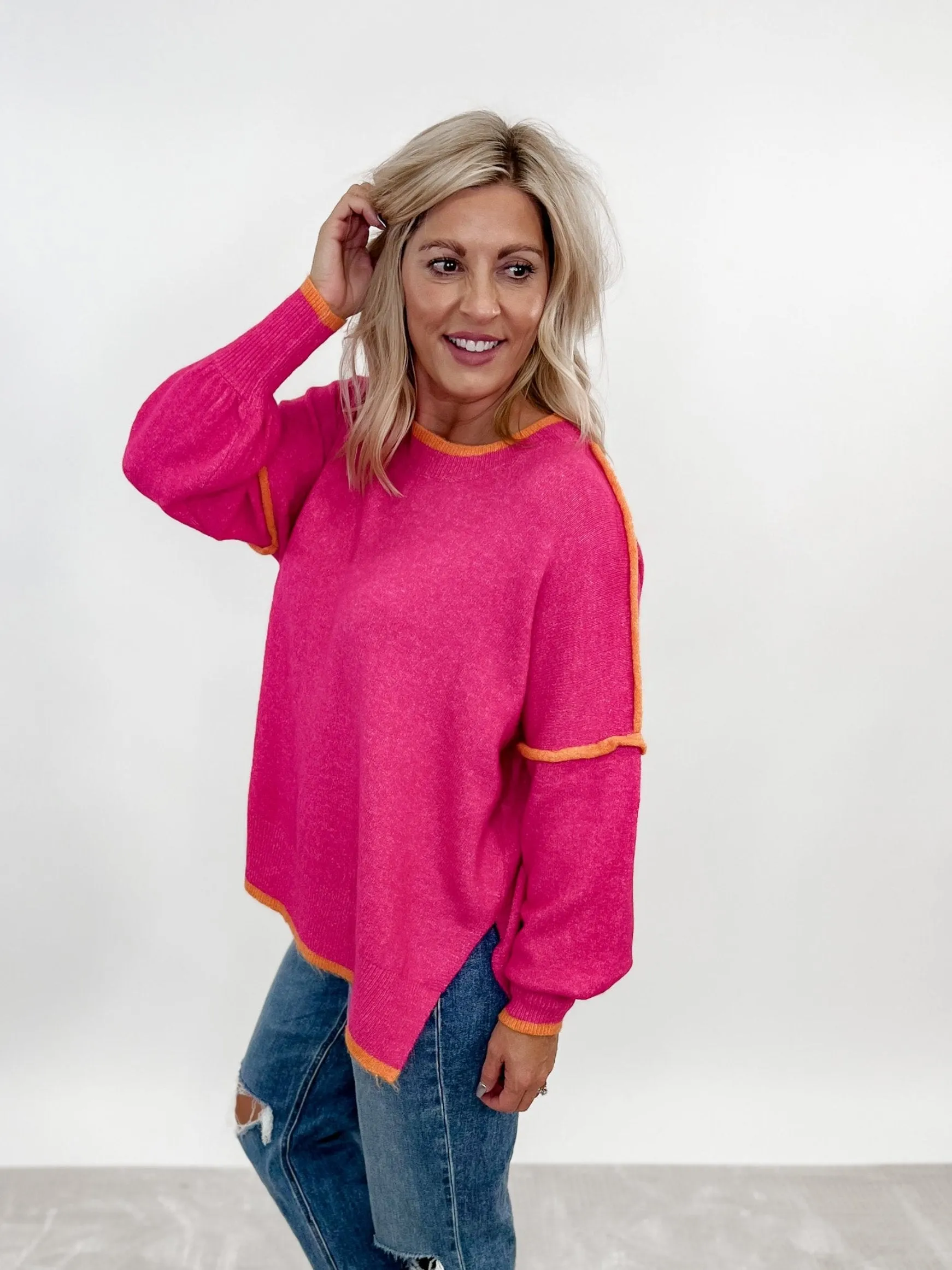 Keaton Contrast Sweater Top, Hot Pink