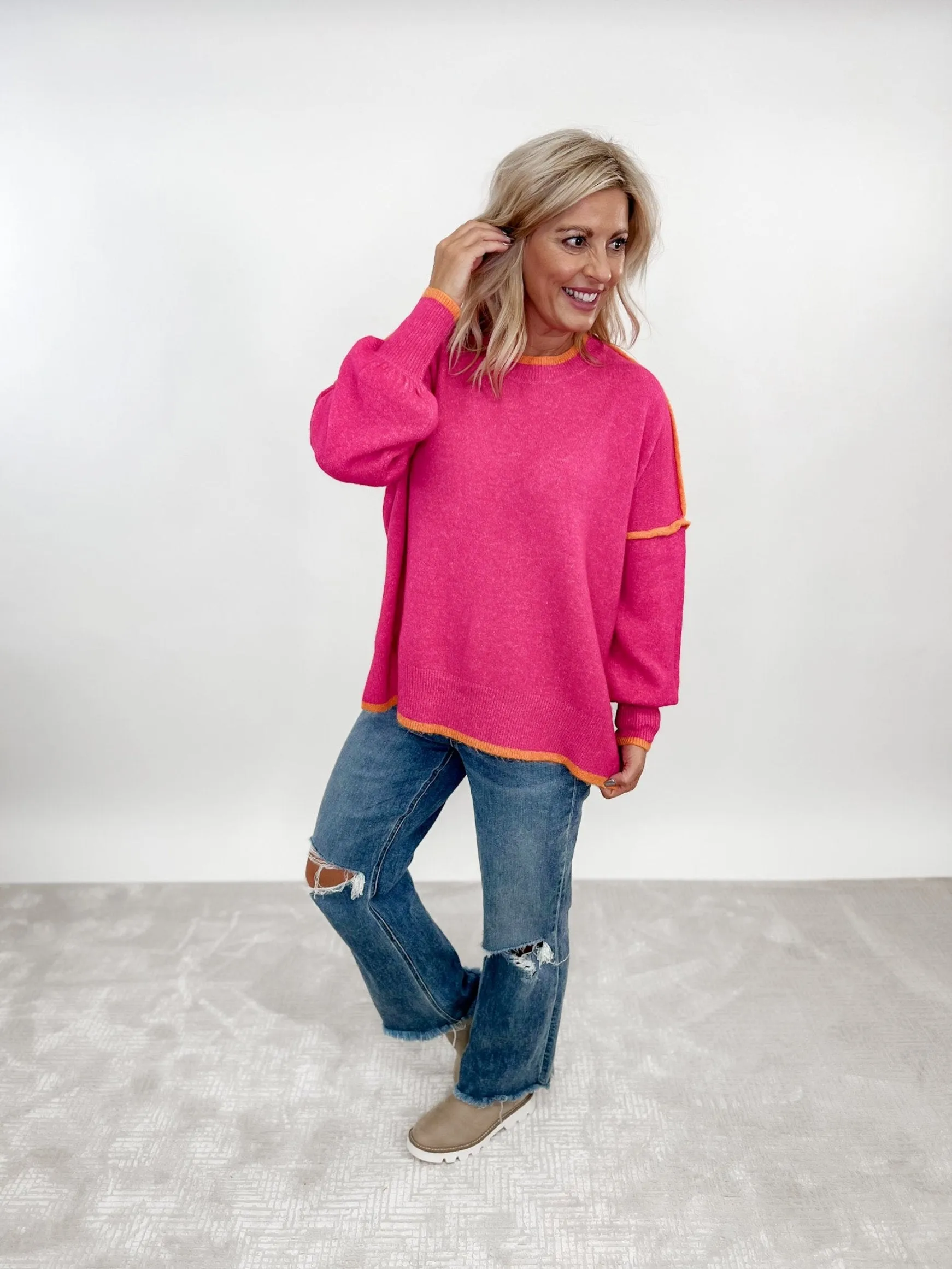 Keaton Contrast Sweater Top, Hot Pink