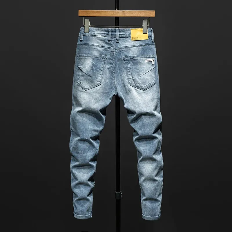 KSTUN Distressed Jeans For Men Light Blue Stretch Hip Hop Ripped Man Denim Pants Moto & Biker Jeans Slim Fit Mens Clothing Punk