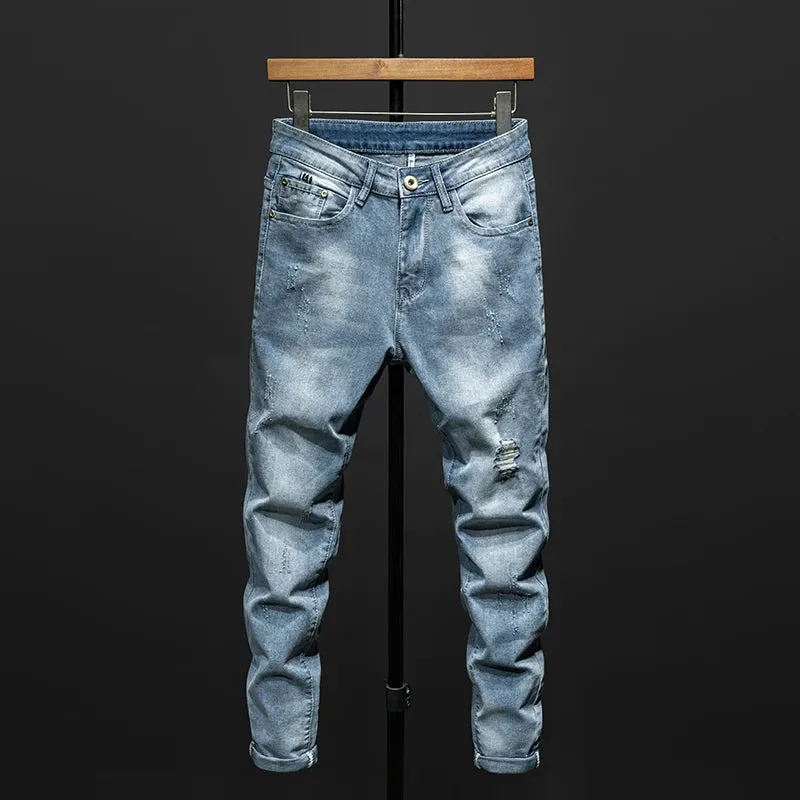 KSTUN Distressed Jeans For Men Light Blue Stretch Hip Hop Ripped Man Denim Pants Moto & Biker Jeans Slim Fit Mens Clothing Punk
