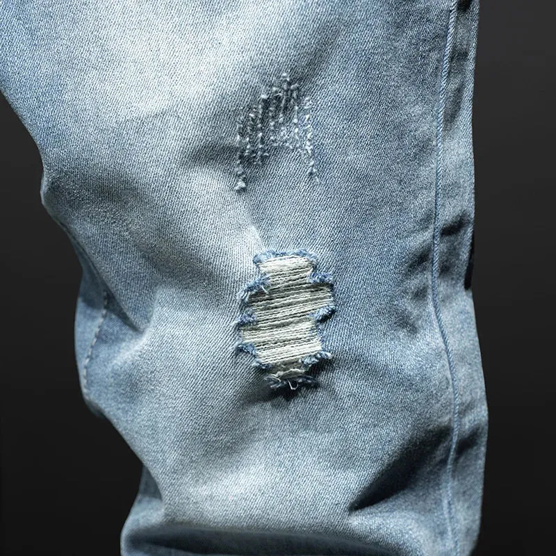 KSTUN Distressed Jeans For Men Light Blue Stretch Hip Hop Ripped Man Denim Pants Moto & Biker Jeans Slim Fit Mens Clothing Punk