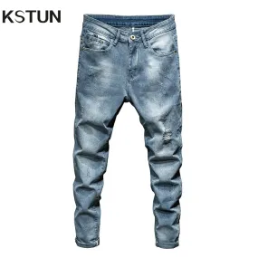 KSTUN Distressed Jeans For Men Light Blue Stretch Hip Hop Ripped Man Denim Pants Moto & Biker Jeans Slim Fit Mens Clothing Punk