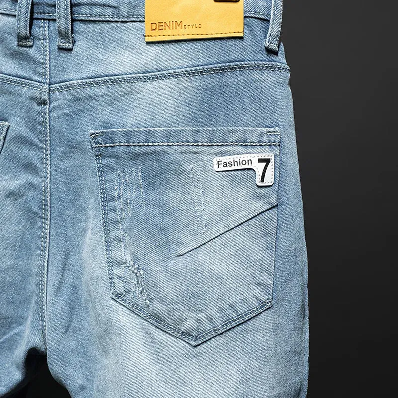 KSTUN Distressed Jeans For Men Light Blue Stretch Hip Hop Ripped Man Denim Pants Moto & Biker Jeans Slim Fit Mens Clothing Punk
