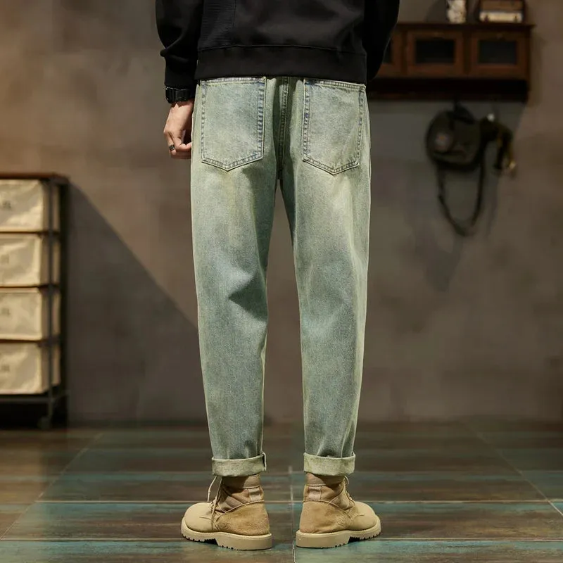 KSTUN Jeans Men Loose Fit Retro Blue Solid Blue 2024 Autumn and Winter Wide Leg Pants Denim Trousers Men's Clothing Baggy Pants