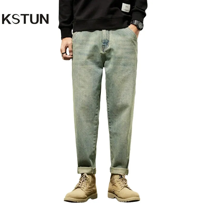 KSTUN Jeans Men Loose Fit Retro Blue Solid Blue 2024 Autumn and Winter Wide Leg Pants Denim Trousers Men's Clothing Baggy Pants