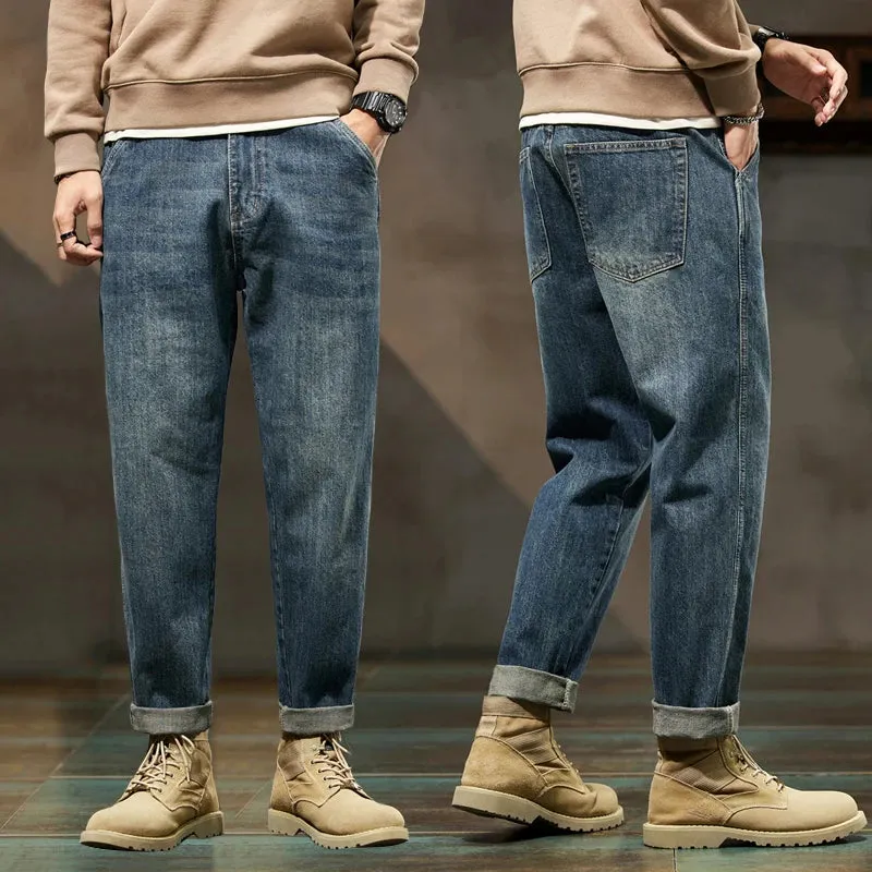 KSTUN Jeans Men Loose Fit Retro Blue Solid Blue 2024 Autumn and Winter Wide Leg Pants Denim Trousers Men's Clothing Baggy Pants