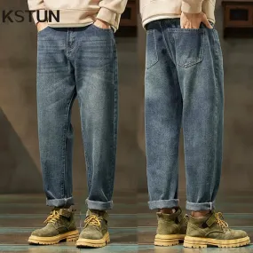 KSTUN Men's Jeans Harem Pants Loose Fitness Tapered Blue Denim Pants Scratched Streetwear Mens Clothing Trousers 2024 New Kpop