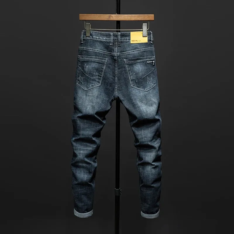 KSTUN Ripped Jeans Men Slim Fit Dark Blue Stretch Denim Pants Streetwear Hip Hop Motocycle Jeans Distressed Frayed Cowboys Homme