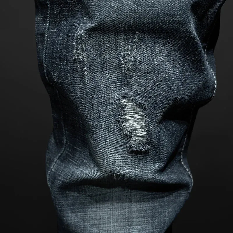KSTUN Ripped Jeans Men Slim Fit Dark Blue Stretch Denim Pants Streetwear Hip Hop Motocycle Jeans Distressed Frayed Cowboys Homme