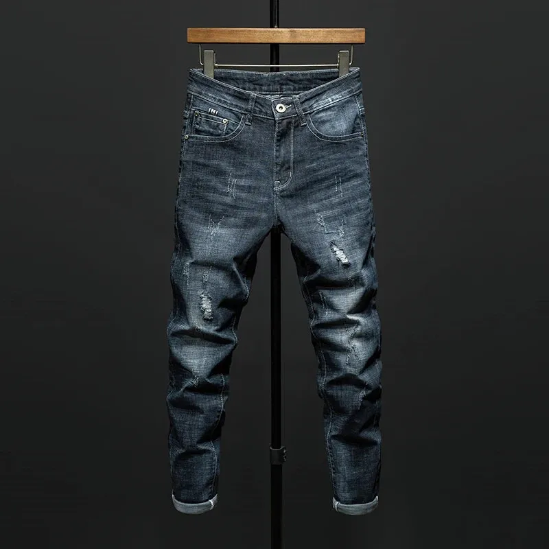 KSTUN Ripped Jeans Men Slim Fit Dark Blue Stretch Denim Pants Streetwear Hip Hop Motocycle Jeans Distressed Frayed Cowboys Homme