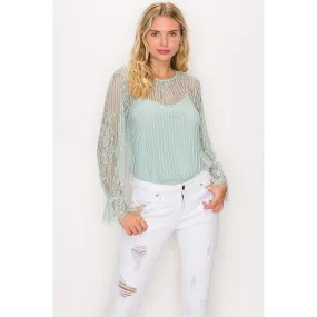 Lace Trim Shadow Stripe Bodysuit