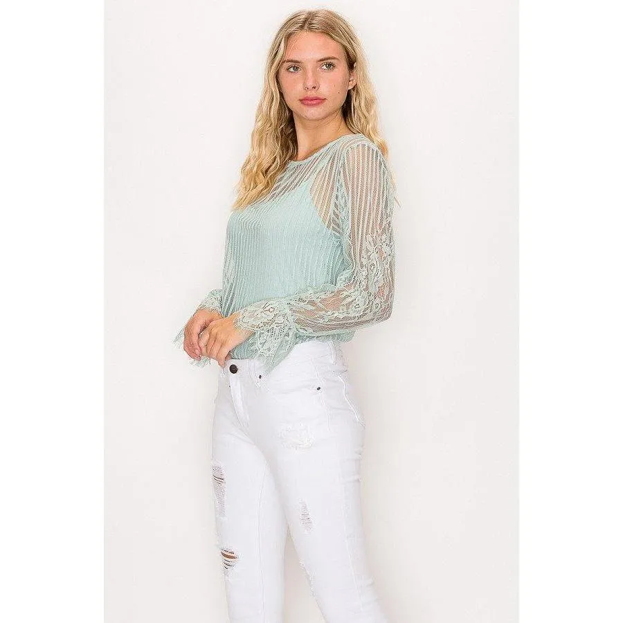 Lace Trim Shadow Stripe Bodysuit