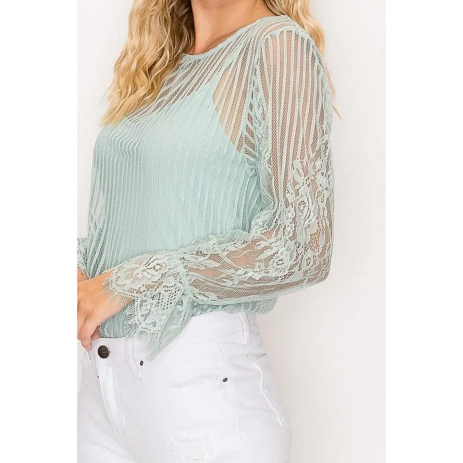 Lace Trim Shadow Stripe Bodysuit