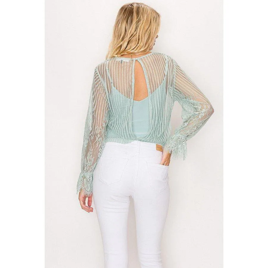 Lace Trim Shadow Stripe Bodysuit