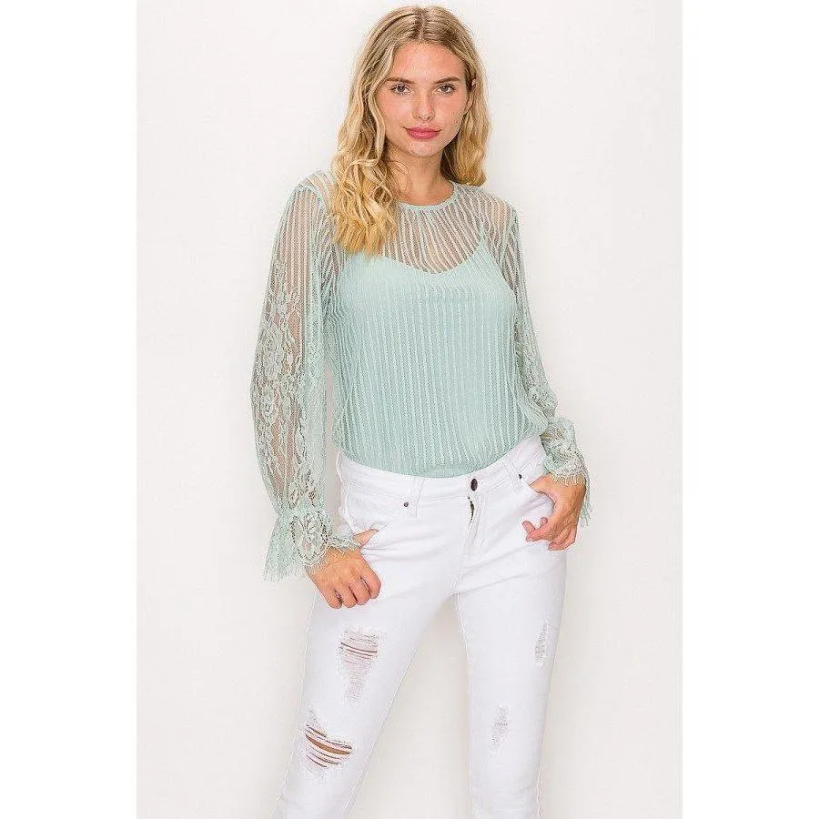 Lace Trim Shadow Stripe Bodysuit