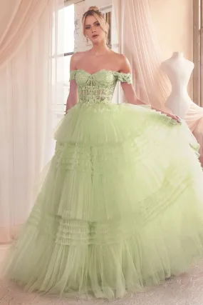 Ladivine 9315 Long Layered Tulle Ballgown Sheer Lace Corset Prom Dress off the shoulder