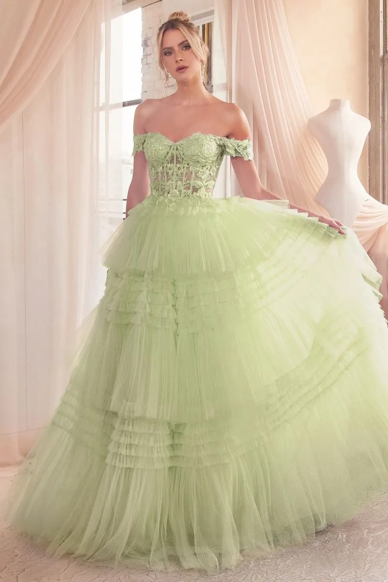 Ladivine 9315 Size 10 Light Blue Long Layered Tulle Ballgown Sheer Lace Corset Prom Dress off the shoulder