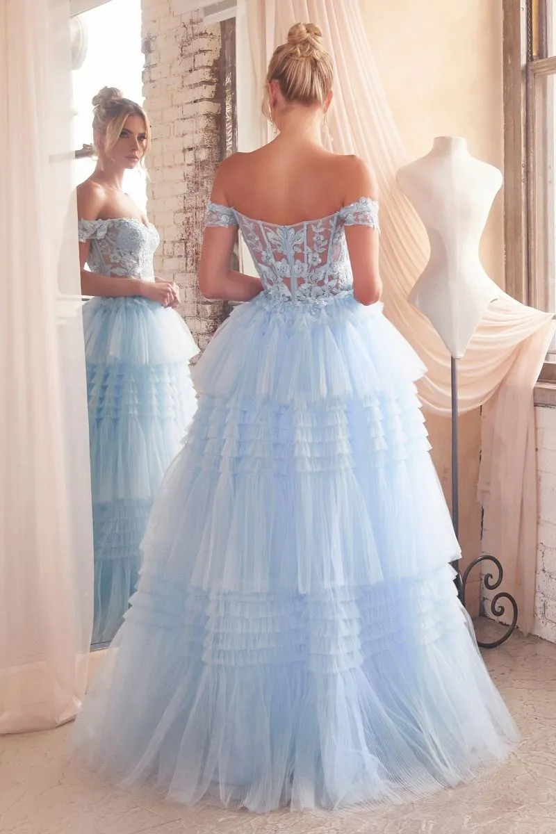 Ladivine 9315 Size 10 Light Blue Long Layered Tulle Ballgown Sheer Lace Corset Prom Dress off the shoulder