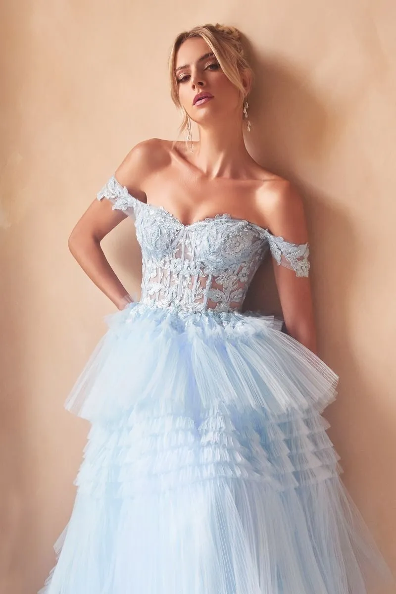 Ladivine 9315 Size 10 Light Blue Long Layered Tulle Ballgown Sheer Lace Corset Prom Dress off the shoulder