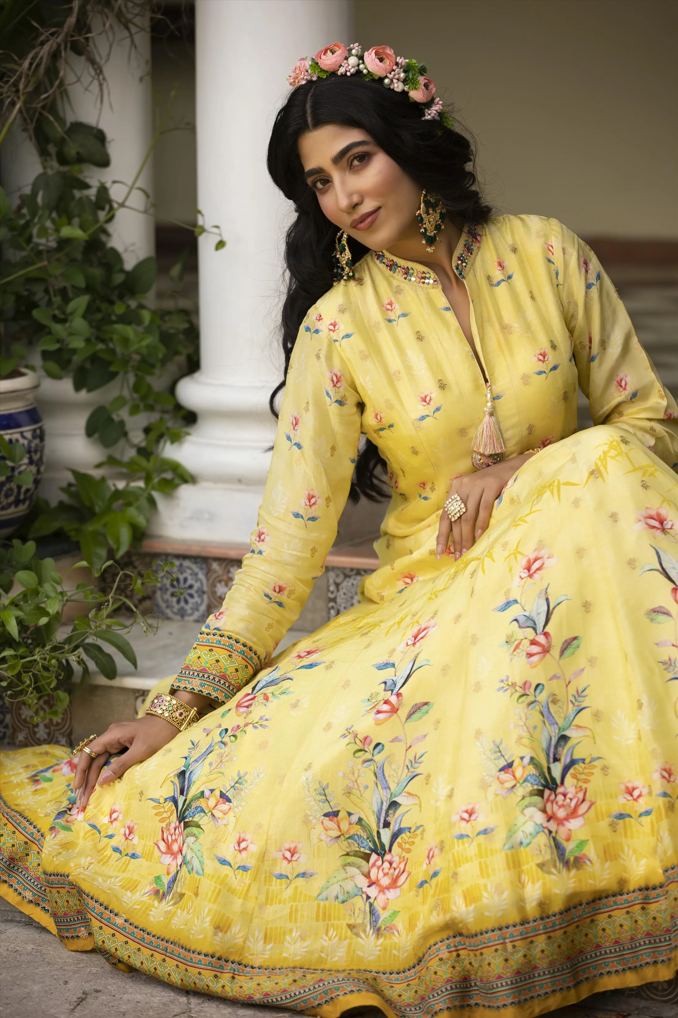 Lemon Dola Silk Floral Print Anarkali Gown With Net Embroidered Dupatta