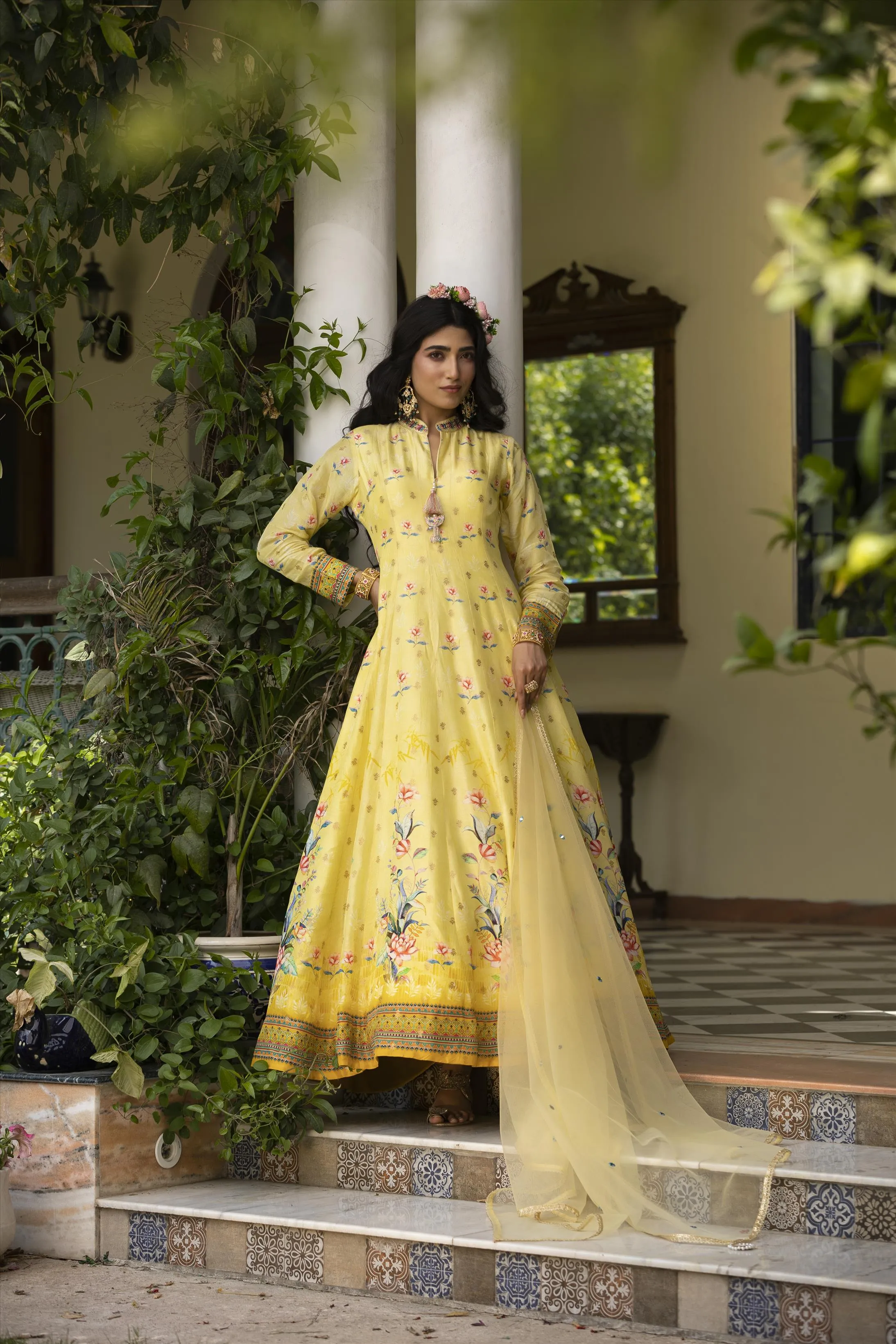 Lemon Dola Silk Floral Print Anarkali Gown With Net Embroidered Dupatta