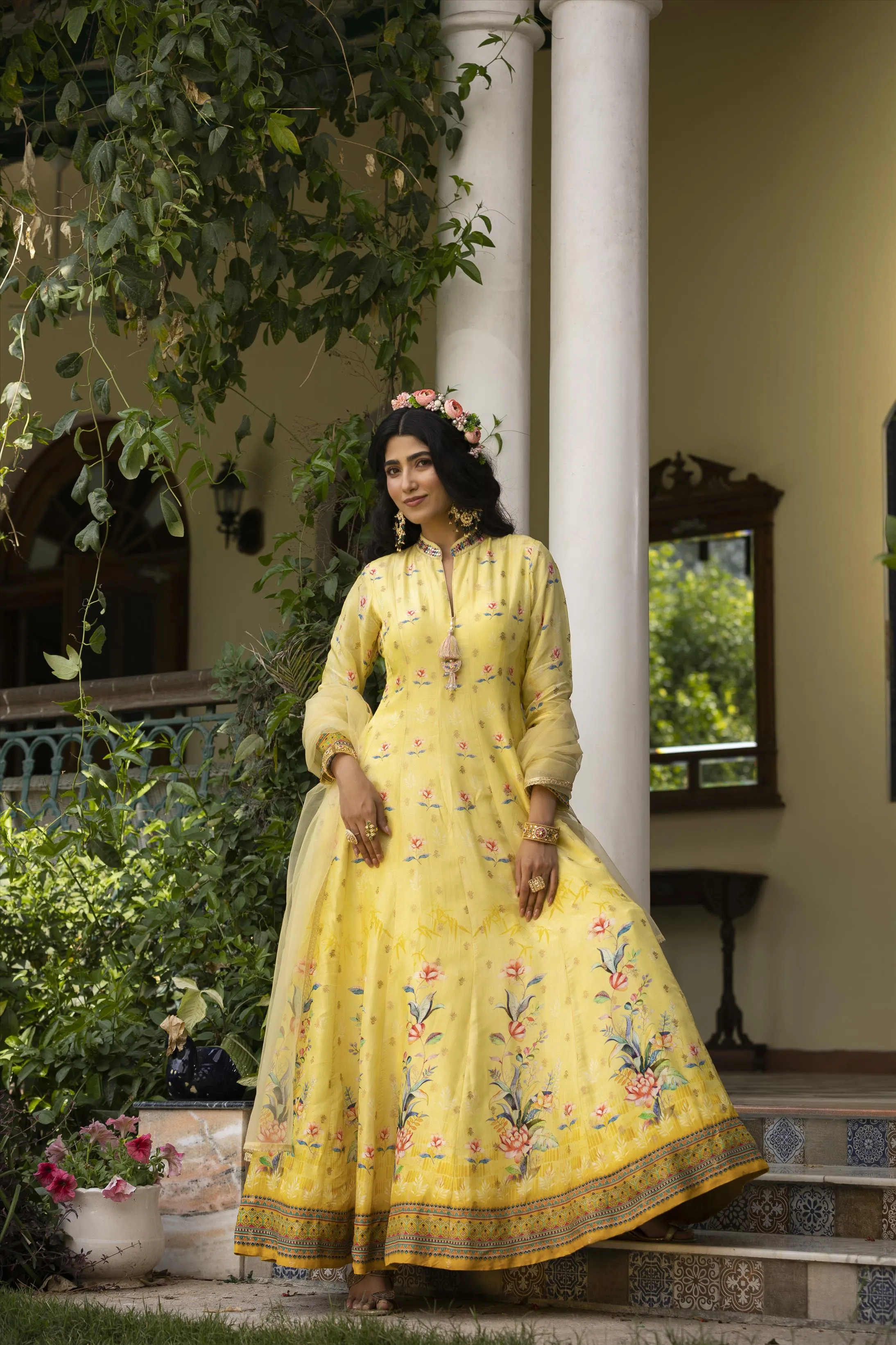 Lemon Dola Silk Floral Print Anarkali Gown With Net Embroidered Dupatta