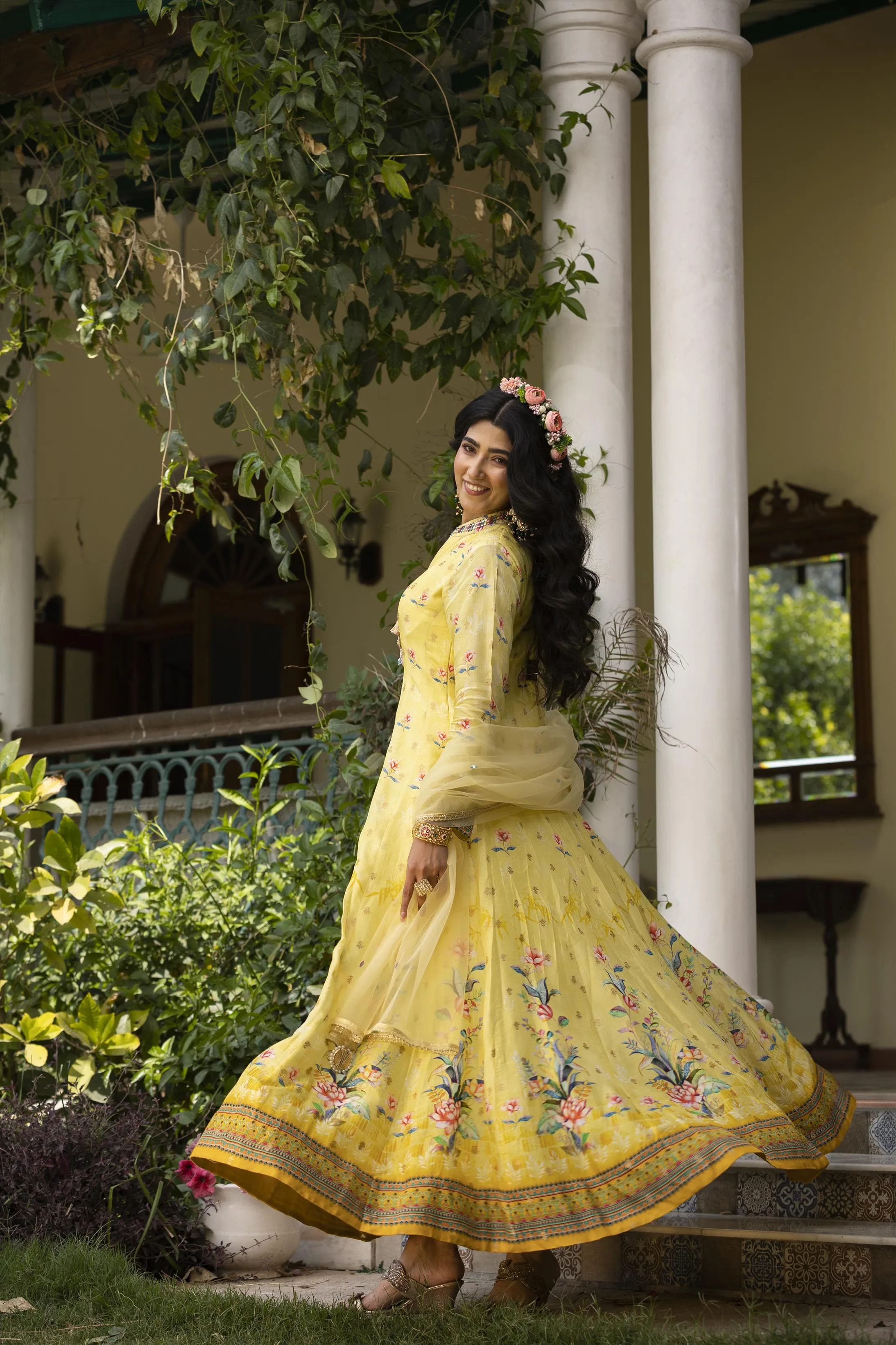 Lemon Dola Silk Floral Print Anarkali Gown With Net Embroidered Dupatta