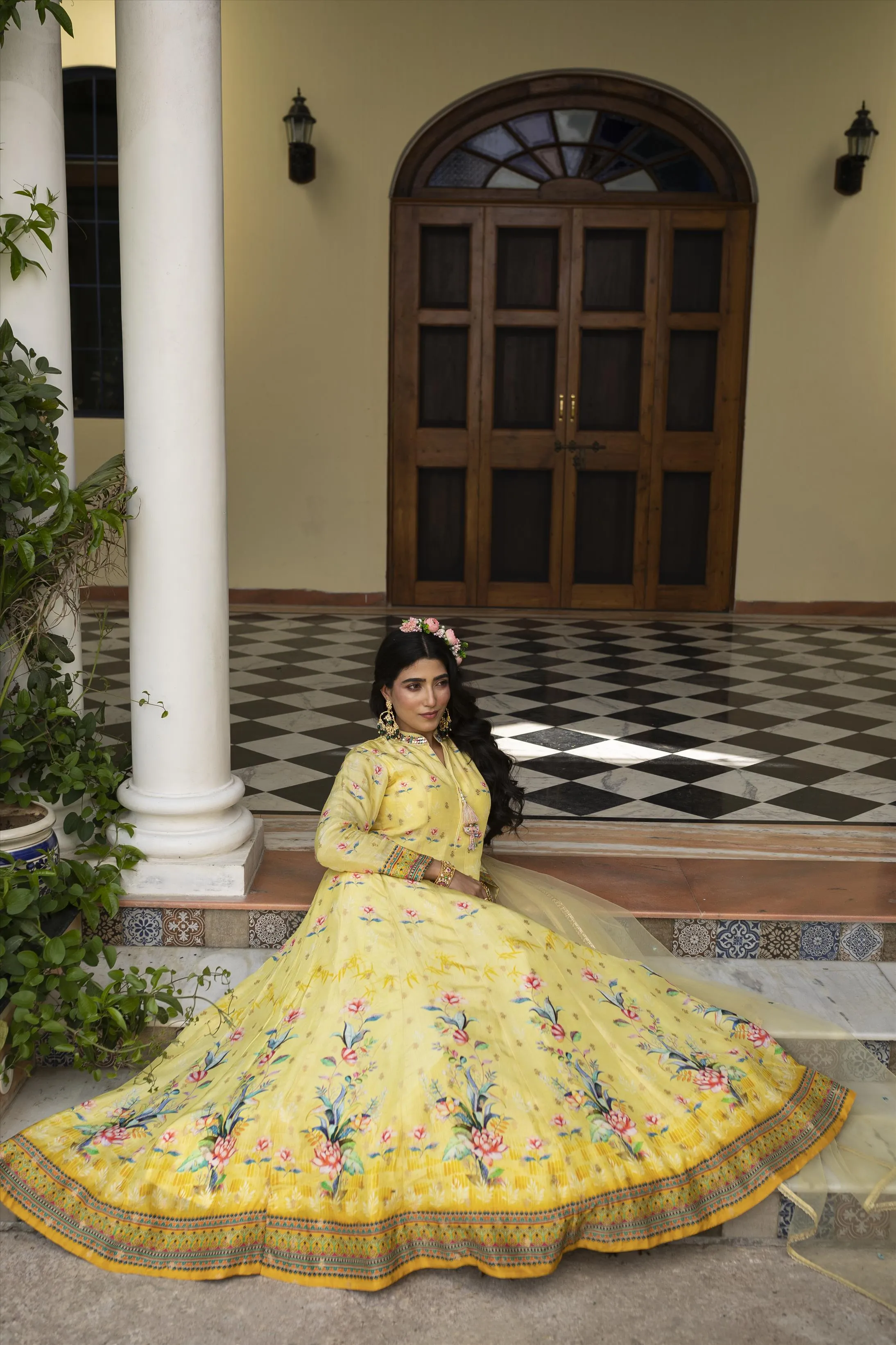 Lemon Dola Silk Floral Print Anarkali Gown With Net Embroidered Dupatta