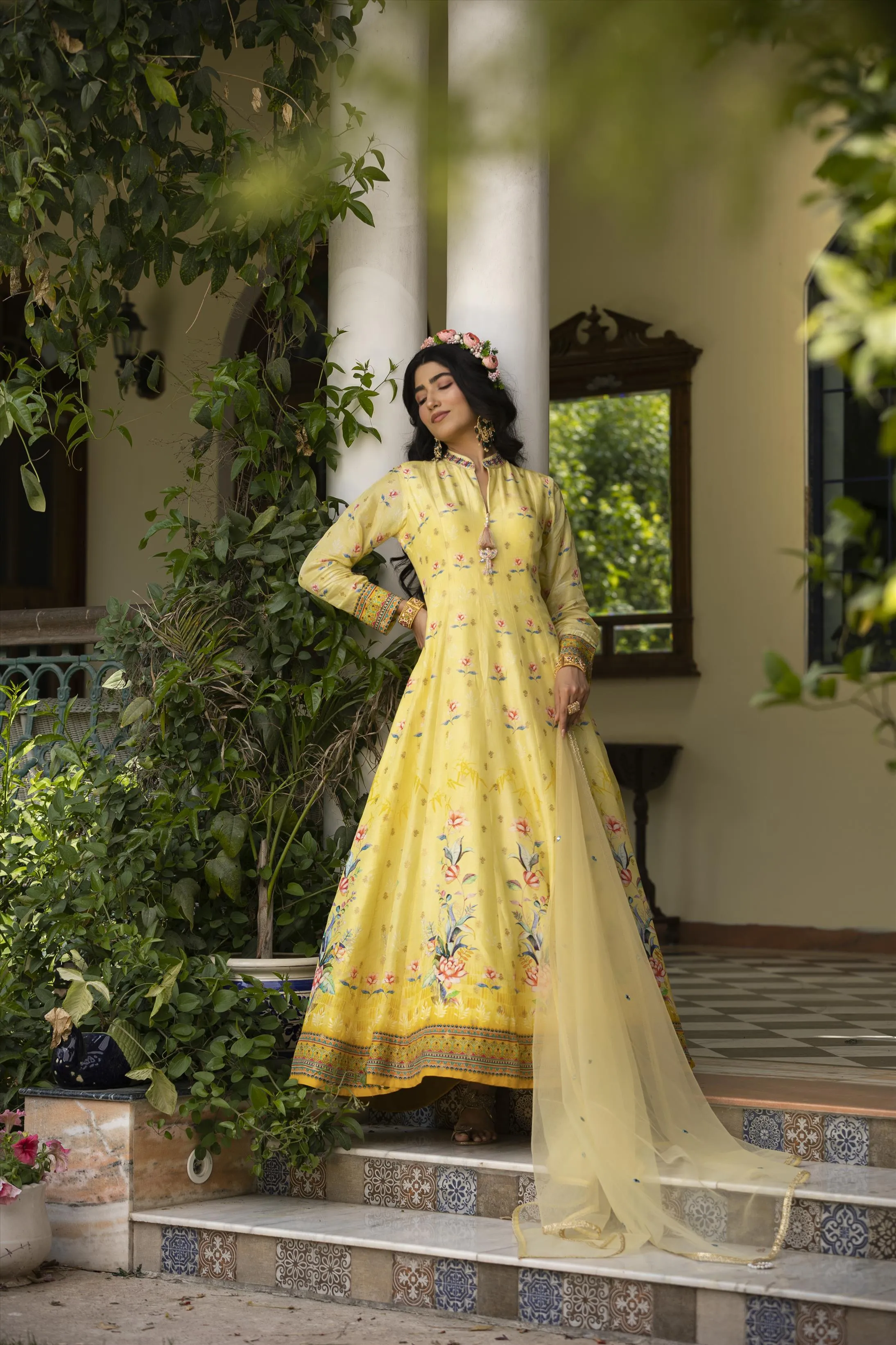 Lemon Dola Silk Floral Print Anarkali Gown With Net Embroidered Dupatta